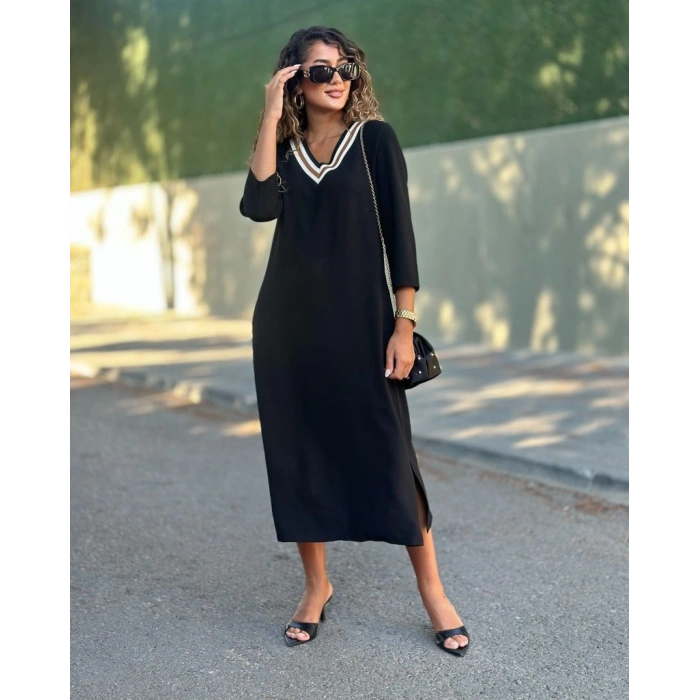 Kadın Uzun Kollu V şerit Yakalı Viskon Iki Iplik Elbise