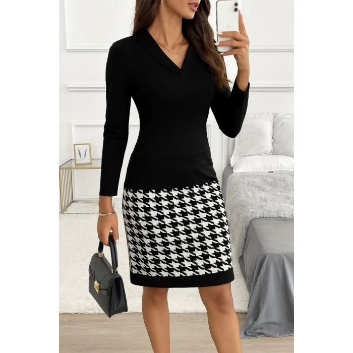 Kadın Uzun Kollu V Yaka Alt Tarafı Desenli Dalgıç Mini Boy Elbise