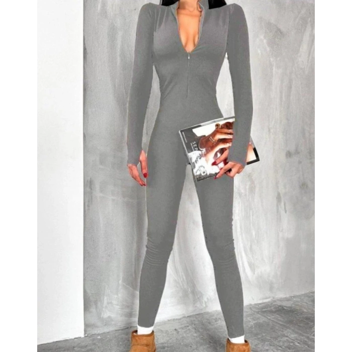 Kadın Uzun Kollu V Yaka Baş Parmak Geçirmeli Detay Kaşkorse Tulum