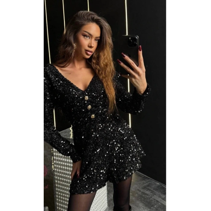 Kadın Uzun Kollu V Yaka Düğme Detay Ful Pul Payet Elbise