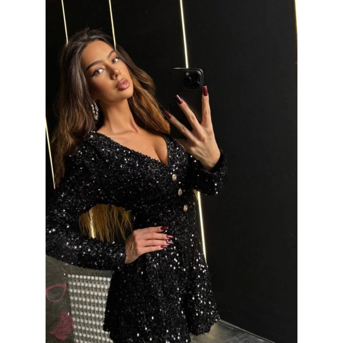 Kadın Uzun Kollu V Yaka Düğme Detay Ful Pul Payet Elbise