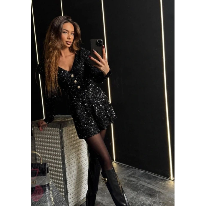 Kadın Uzun Kollu V Yaka Düğme Detay Ful Pul Payet Elbise