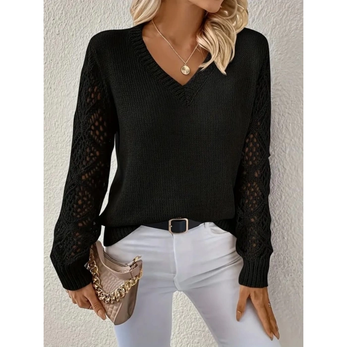 Kadın Uzun Kollu V Yaka Kol Delikli Baklava Desen Detaylı Triko Kazak