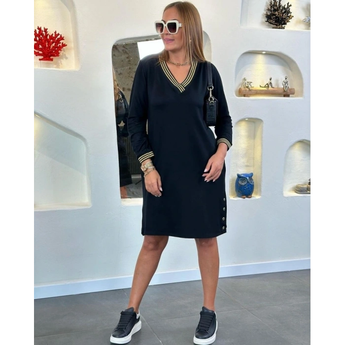 Kadın Uzun Kollu V Yaka Kol Ve Yaka Ribanalı Etek çıtçıt Detay Iki Iplik Elbise