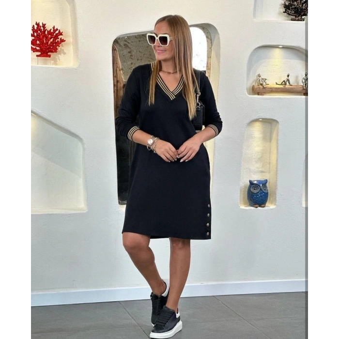 Kadın Uzun Kollu V Yaka Kol Ve Yaka Ribanalı Etek çıtçıt Detay Iki Iplik Elbise