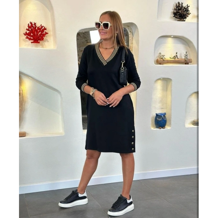 Kadın Uzun Kollu V Yaka Kol Ve Yaka Ribanalı Etek çıtçıt Detay Iki Iplik Elbise