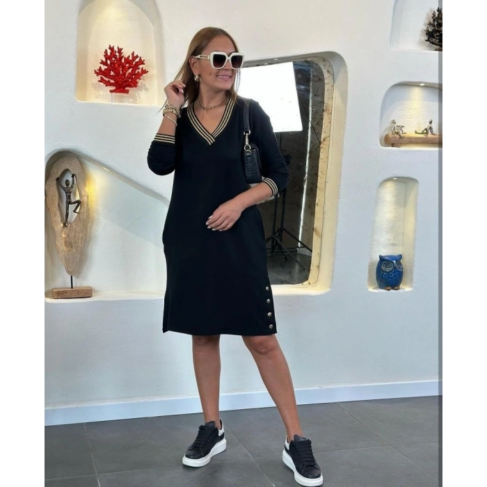 Kadın Uzun Kollu V Yaka Kol Ve Yaka Ribanalı Etek çıtçıt Detay Iki Iplik Elbise