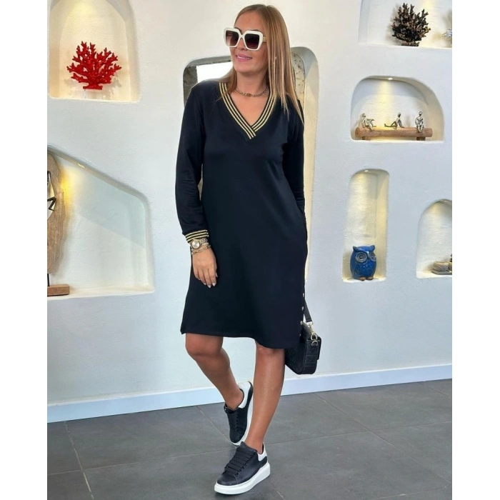 Kadın Uzun Kollu V Yaka Kol Ve Yaka Ribanalı Etek çıtçıt Detay Iki Iplik Elbise