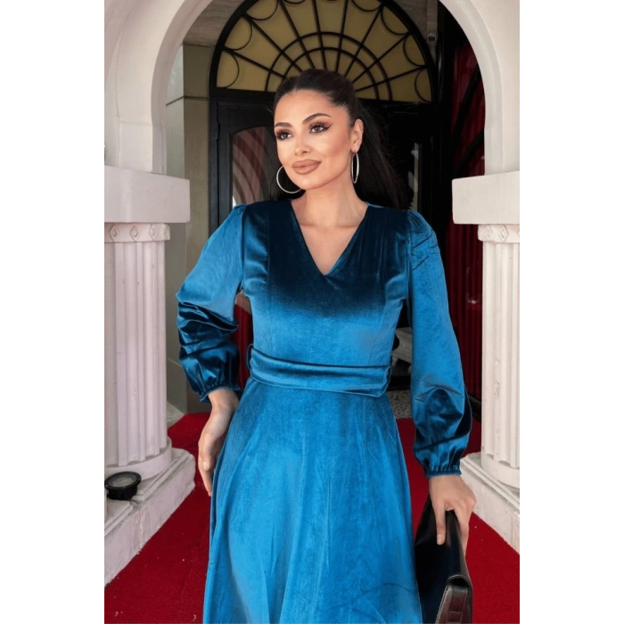 Kadın Uzun Kollu V Yaka Kuşak Dahil Kadife Kumaş Midi Boy Elbise