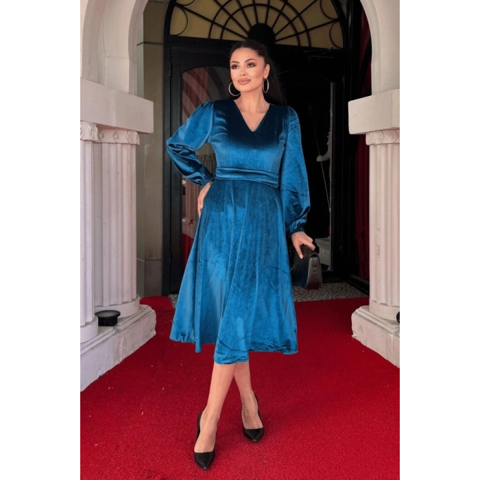 Kadın Uzun Kollu V Yaka Kuşak Dahil Kadife Kumaş Midi Boy Elbise