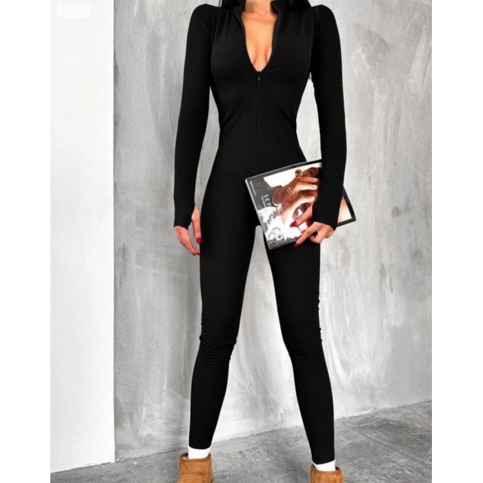 Kadın Uzun Kollu V Yaka Parmak Geçirmeli Detay Kaşkorse Tulum