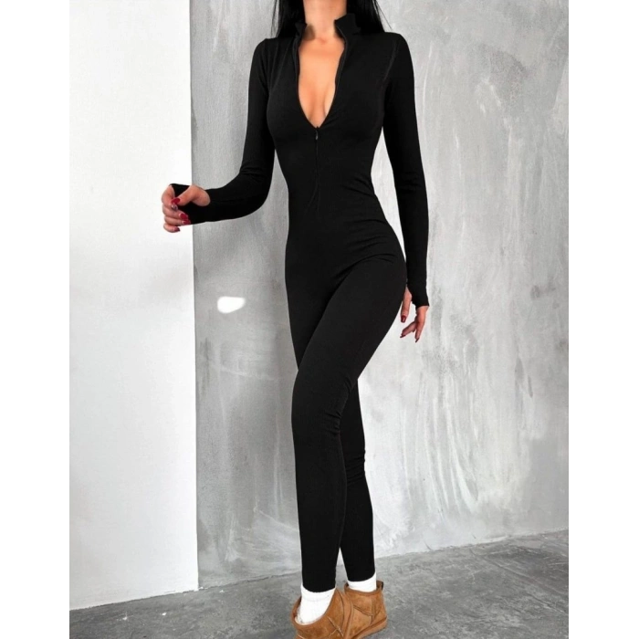 Kadın Uzun Kollu V Yaka Parmak Geçirmeli Detay Kaşkorse Tulum