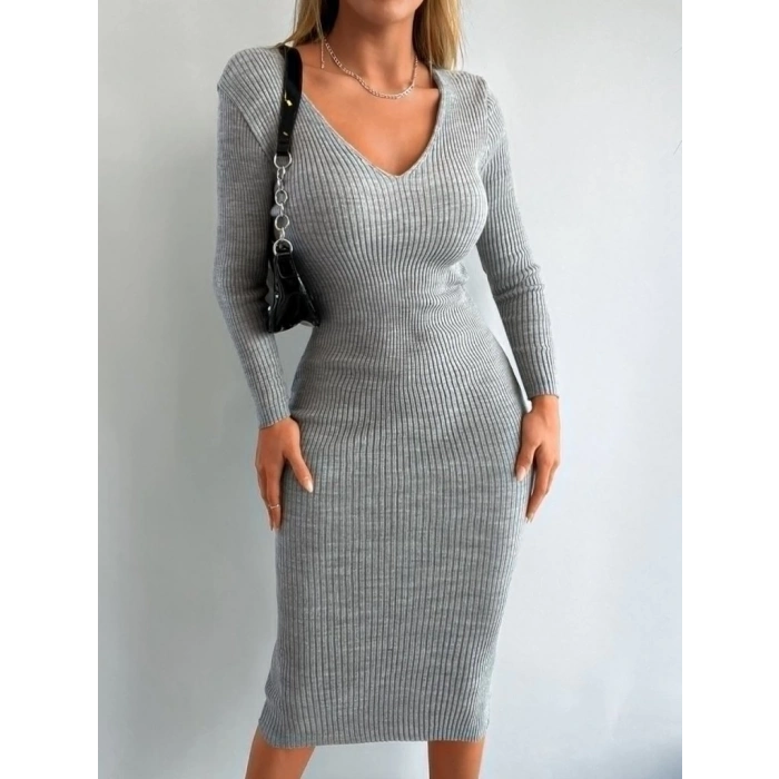 Kadın Uzun Kollu V Yaka Triko Elbise