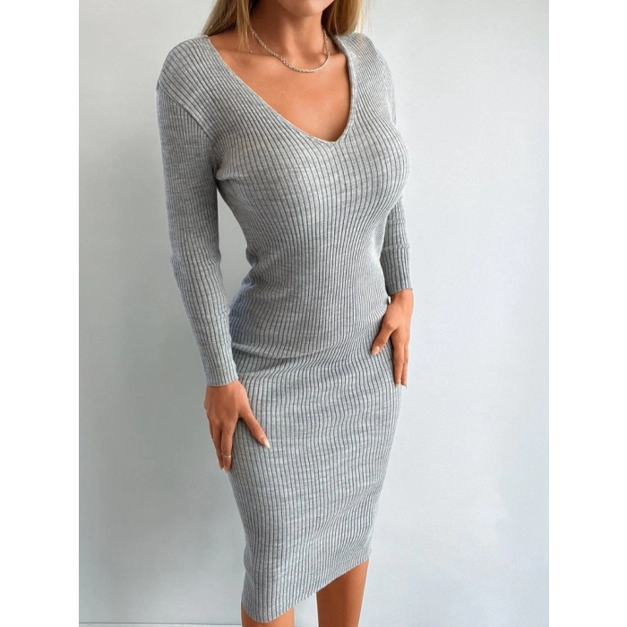 Kadın Uzun Kollu V Yaka Triko Elbise