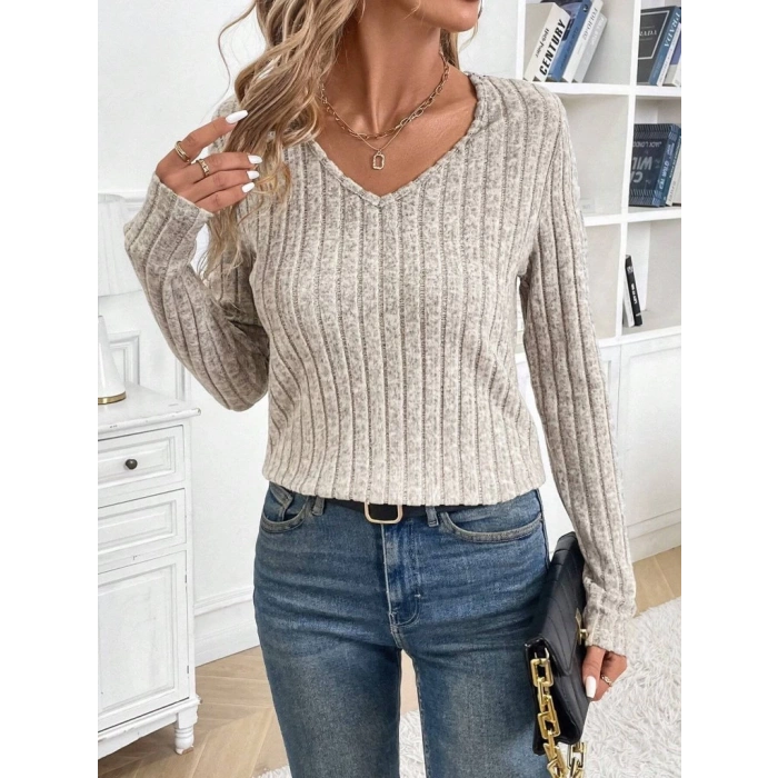 Kadın Uzun Kollu V Yakalı Arkadan Dantel Detaylı şardonlu Kaşkorse Bluz