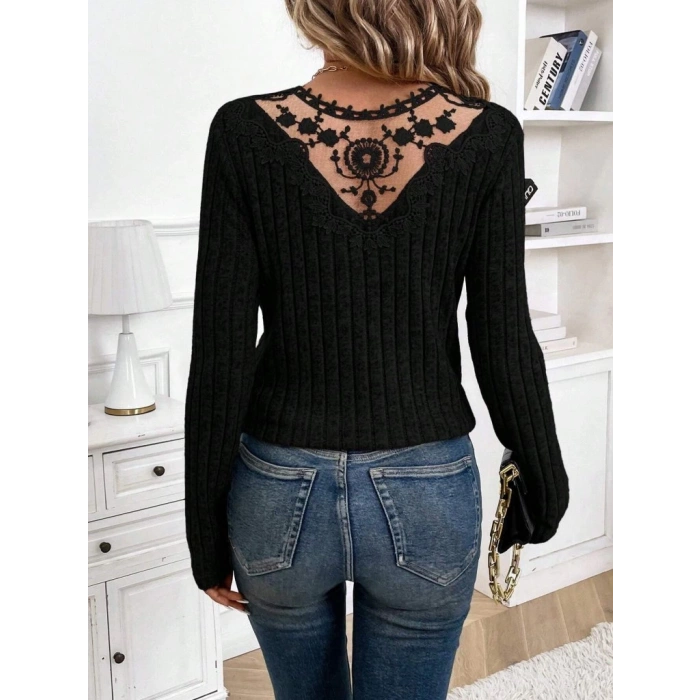 Kadın Uzun Kollu V Yakalı Arkadan Dantel Detaylı şardonlu Kaşkorse Bluz