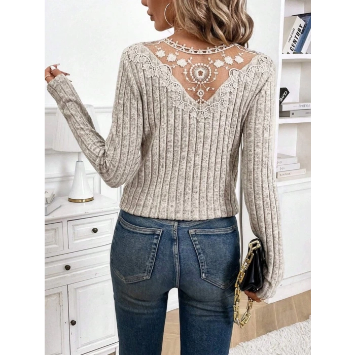 Kadın Uzun Kollu V Yakalı Arkadan Dantel Detaylı şardonlu Kaşkorse Bluz