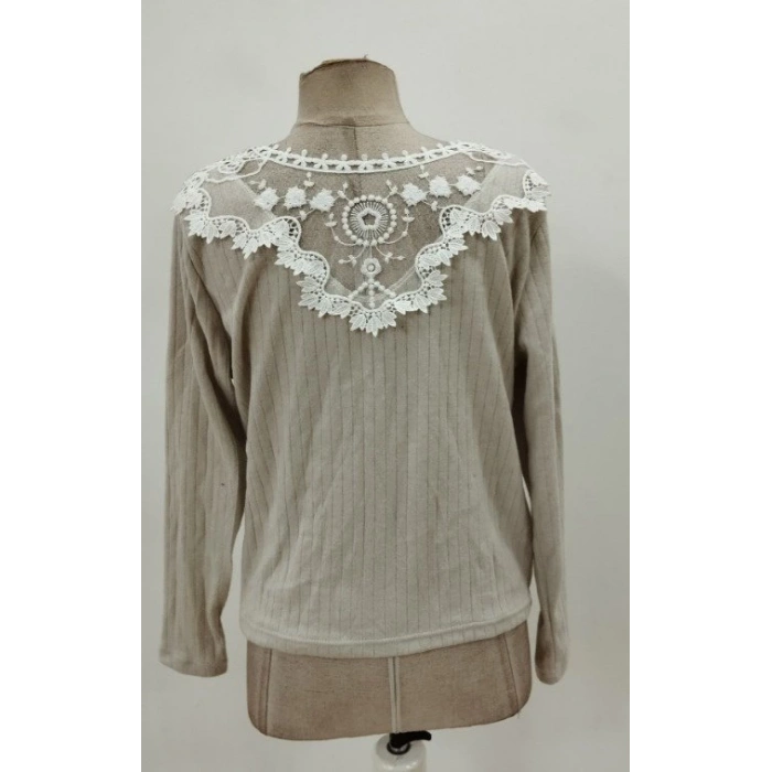 Kadın Uzun Kollu V Yakalı Arkadan Dantel Detaylı şardonlu Kaşkorse Bluz