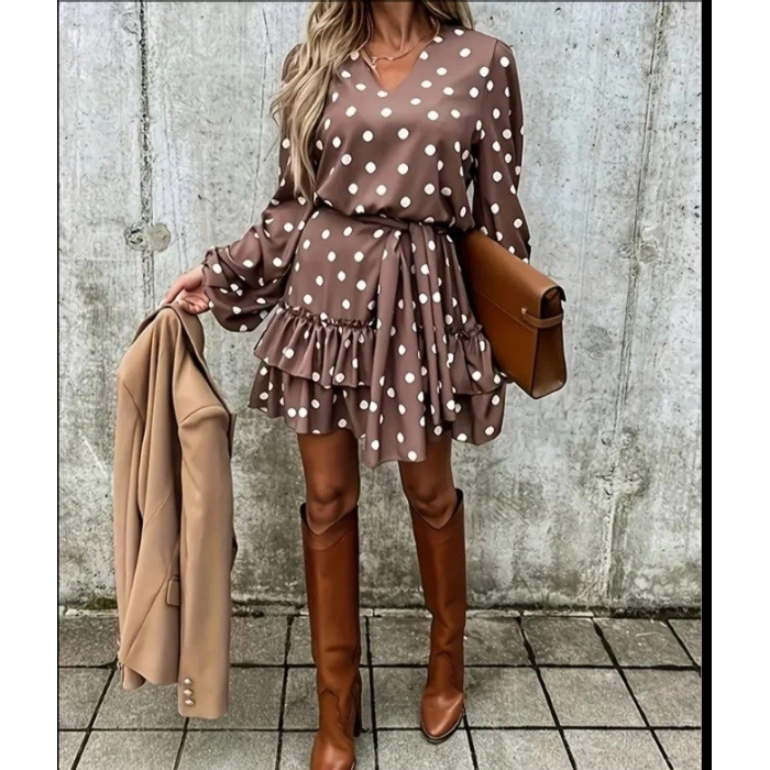 Kadın Uzun Kollu V Yakalı Belden Kuşaklı Puantiyeli Mini Modal Elbise