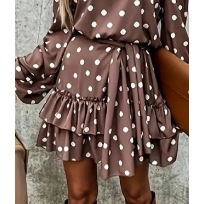 Kadın Uzun Kollu V Yakalı Belden Kuşaklı Puantiyeli Mini Modal Elbise