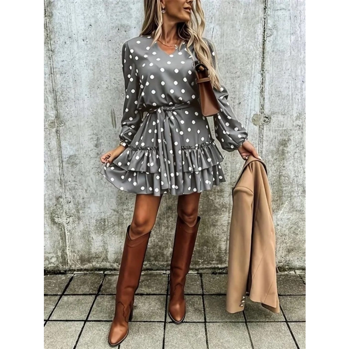 Kadın Uzun Kollu V Yakalı Belden Kuşaklı Puantiyeli Mini Modal Elbise