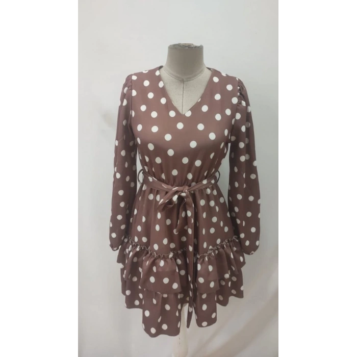 Kadın Uzun Kollu V Yakalı Belden Kuşaklı Puantiyeli Mini Modal Elbise