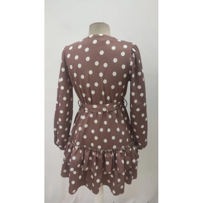 Kadın Uzun Kollu V Yakalı Belden Kuşaklı Puantiyeli Mini Modal Elbise