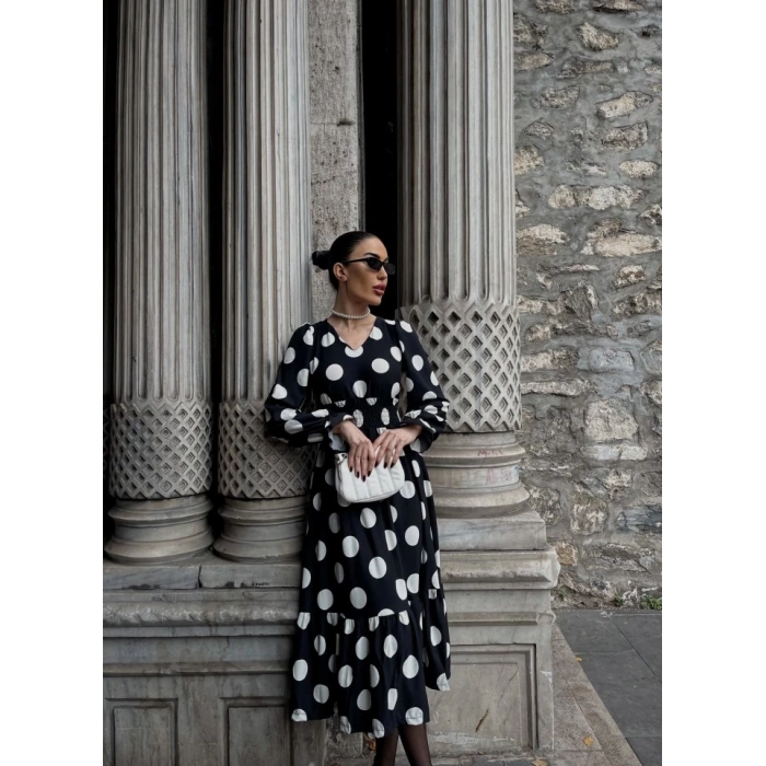 Kadın Uzun Kollu V Yakalı Beli Lastikli Puantiyeli Uzun Krep Elbise