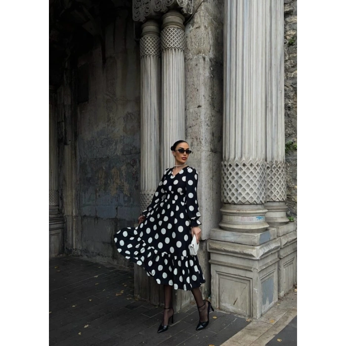 Kadın Uzun Kollu V Yakalı Beli Lastikli Puantiyeli Uzun Krep Elbise