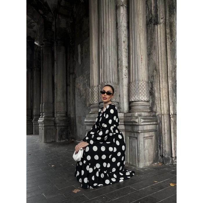 Kadın Uzun Kollu V Yakalı Beli Lastikli Puantiyeli Uzun Krep Elbise