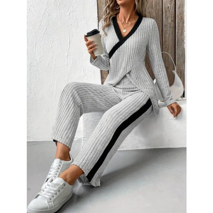 Kadın Uzun Kollu V Yakalı çapraz Detaylı şardonlu Kaşkorse Bluz Ve Pantolon Ikili Takım