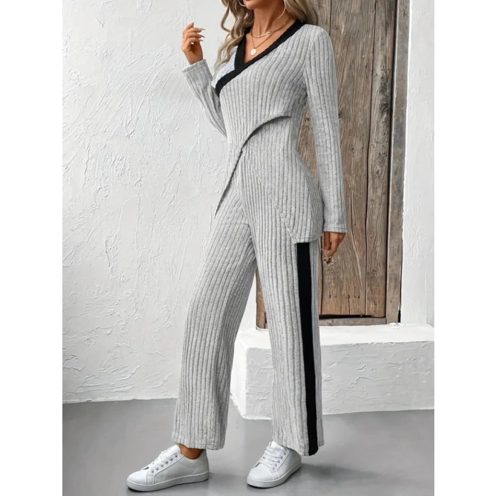 Kadın Uzun Kollu V Yakalı çapraz Detaylı şardonlu Kaşkorse Bluz Ve Pantolon Ikili Takım