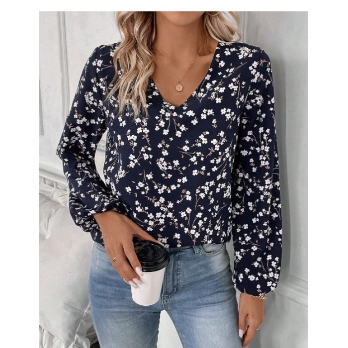 Kadın Uzun Kollu V Yakalı çiçek Desenli Modal Bluz