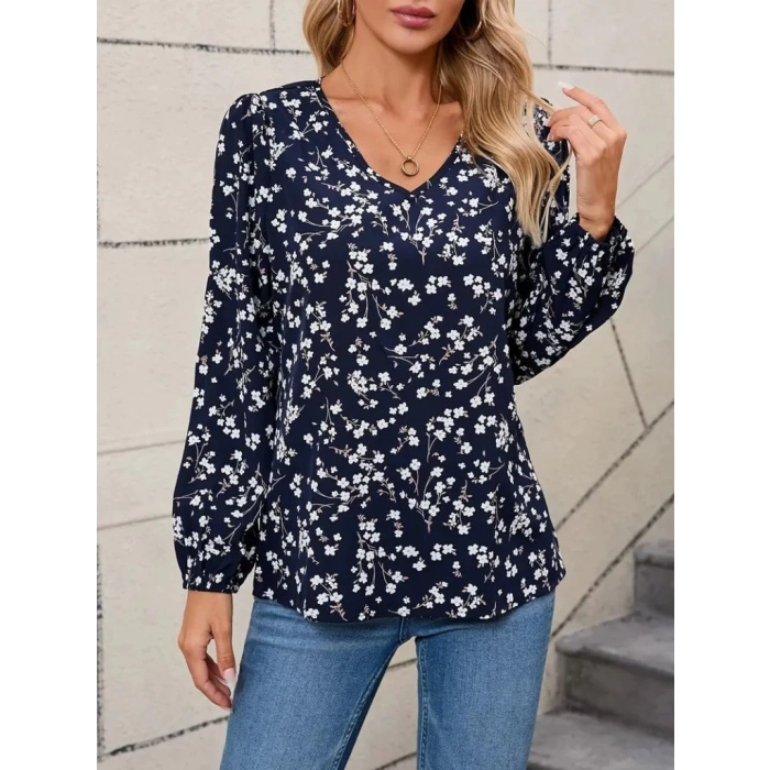 Kadın Uzun Kollu V Yakalı çiçek Desenli Modal Bluz