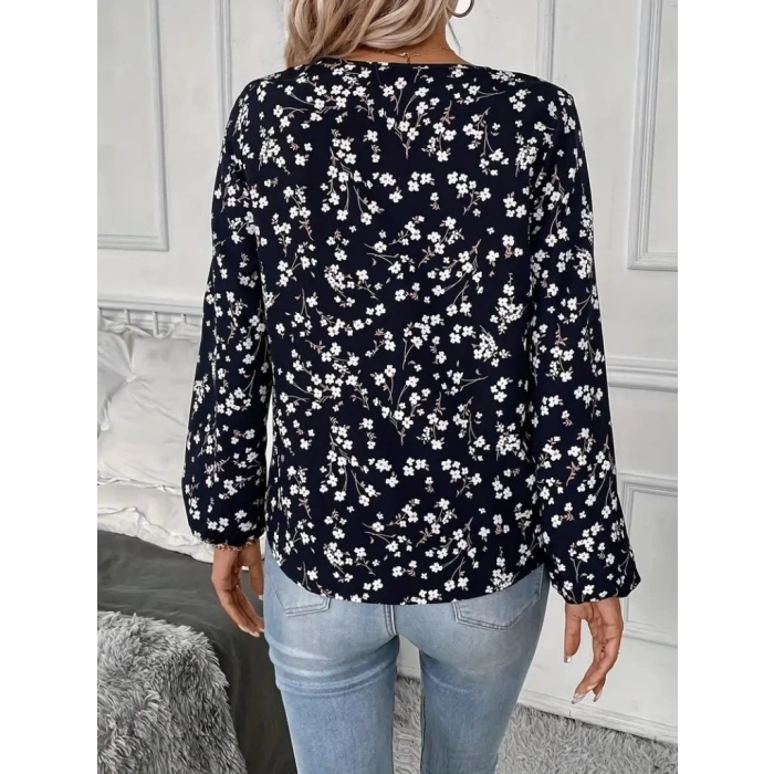 Kadın Uzun Kollu V Yakalı çiçek Desenli Modal Bluz