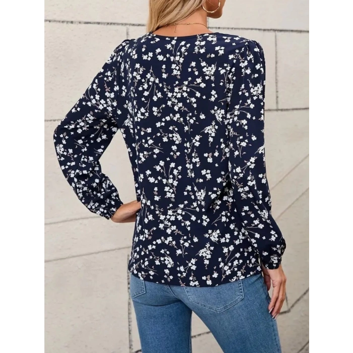 Kadın Uzun Kollu V Yakalı çiçek Desenli Modal Bluz