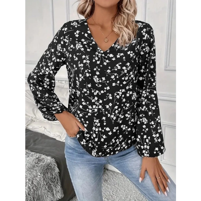 Kadın Uzun Kollu V Yakalı çiçek Desenli Modal Bluz