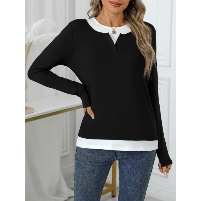 Kadın Uzun Kollu V Yakalı çift Renkli Viskon Iki Iplik Bluz