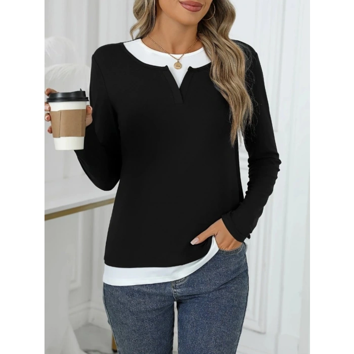 Kadın Uzun Kollu V Yakalı çift Renkli Viskon Iki Iplik Bluz
