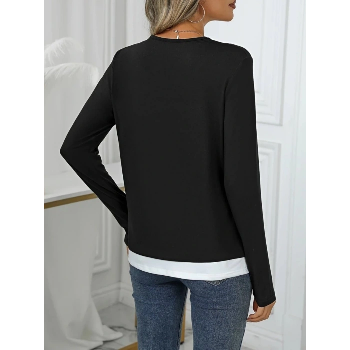 Kadın Uzun Kollu V Yakalı çift Renkli Viskon Iki Iplik Bluz