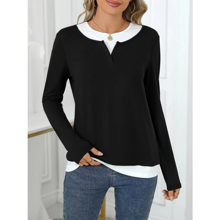 Kadın Uzun Kollu V Yakalı çift Renkli Viskon Iki Iplik Bluz