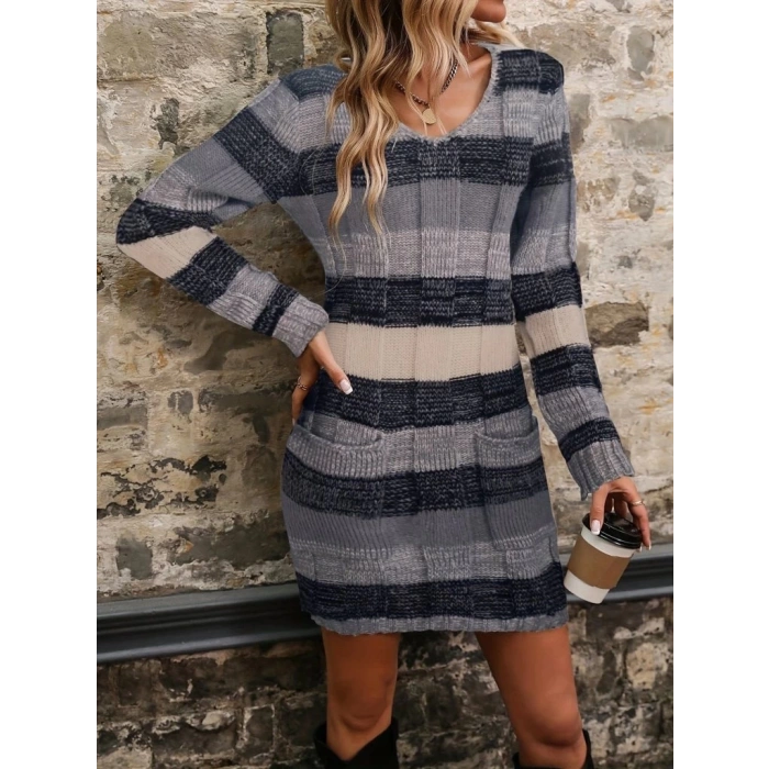 Kadın Uzun Kollu V Yakalı çizgili çok Renkli Triko Mini Elbise