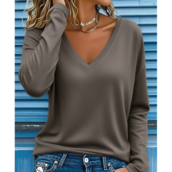 Kadın Uzun Kollu V Yakalı Dalgıç Açık Vizon Bluz