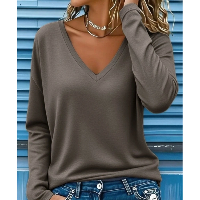 Kadın Uzun Kollu V Yakalı Dalgıç Açık Vizon Bluz