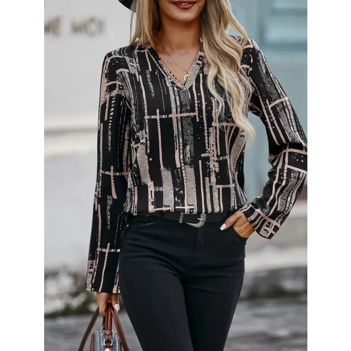 Kadın Uzun Kollu V Yakalı Desenli Dalgıç Bluz