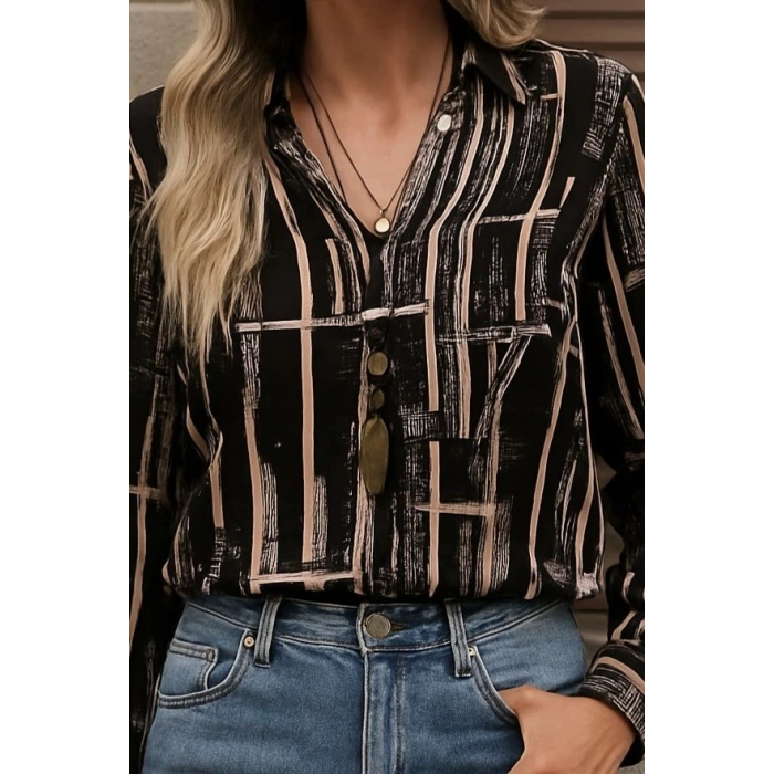 Kadın Uzun Kollu V Yakalı Desenli Dalgıç Bluz