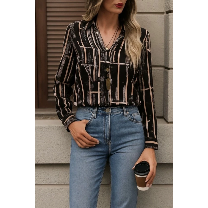 Kadın Uzun Kollu V Yakalı Desenli Dalgıç Bluz