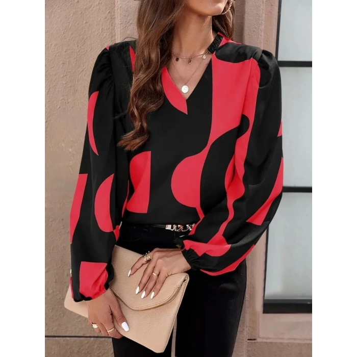 Kadın Uzun Kollu V Yakalı Desenli Modal Bluz