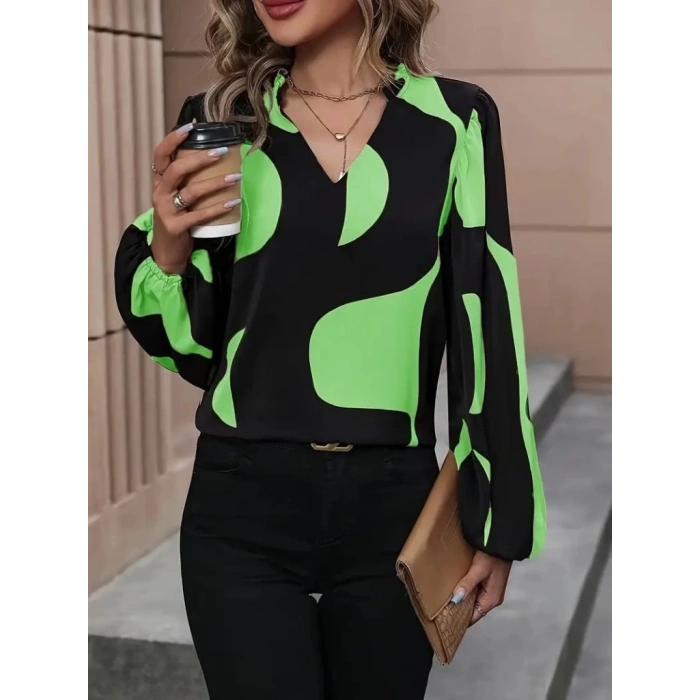 Kadın Uzun Kollu V Yakalı Desenli Modal Bluz