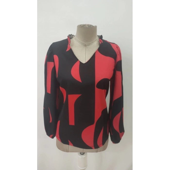 Kadın Uzun Kollu V Yakalı Desenli Modal Bluz